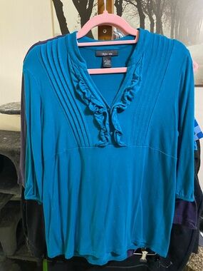 Style & Co. Teal Ruffle V-Neck Pleated Women's Blouse